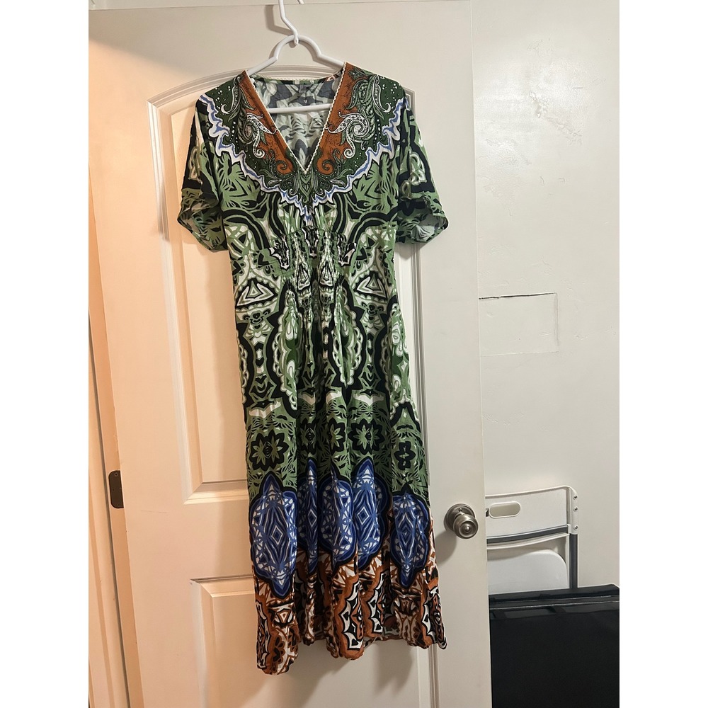Blank London Green Paisley Boho Maxi Dress V-Neck Elastic Waist One Size‎
